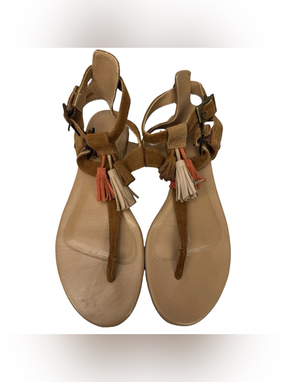 UGG Lecia Womens Size 9 Wide Brown Suede Tassel T-Strap Gladiator Flat Sandals